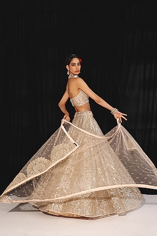 Peach Net Applique Embellished Dupatta by Twenty Nine
