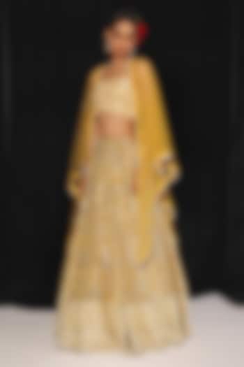 Golden Yellow Georgette Chikankari Embroidered Jacket Wedding Lehenga Set by Twenty Nine at Pernia's Pop Up Shop