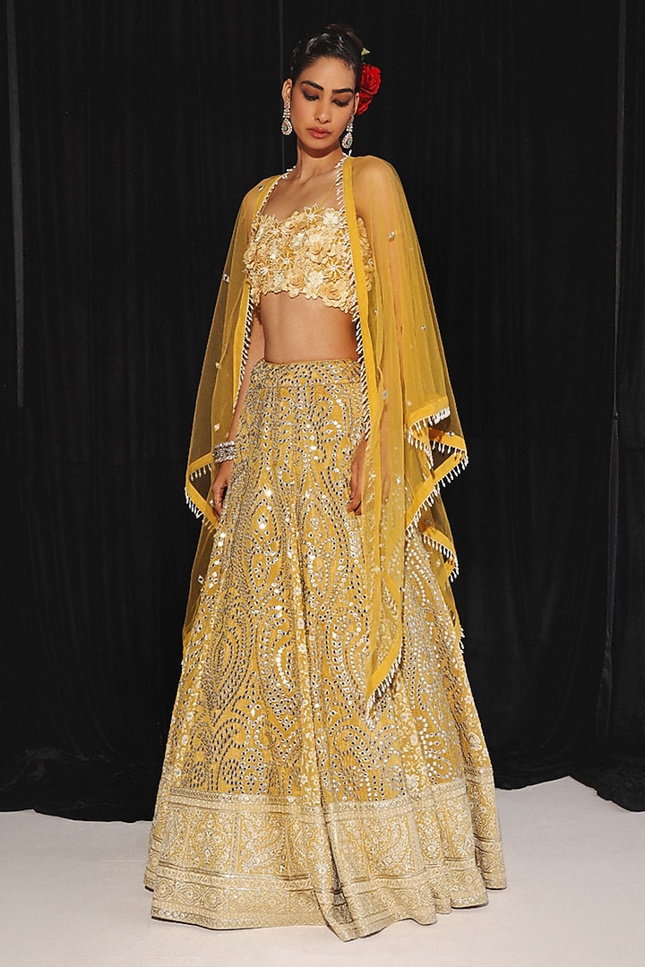 Golden Yellow Georgette Chikankari Embroidered Jacket Wedding Lehenga Set by Twenty Nine at Pernia's Pop Up Shop