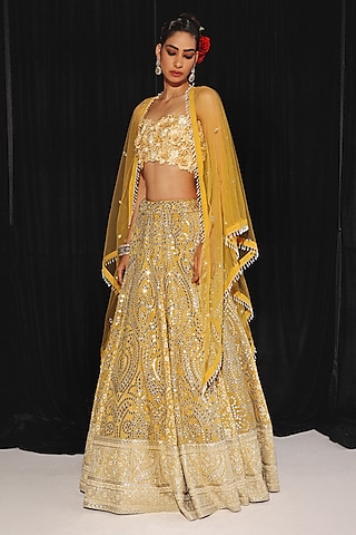 Golden Yellow Georgette Chikankari Embroidered Jacket Lehenga Set by Twenty Nine