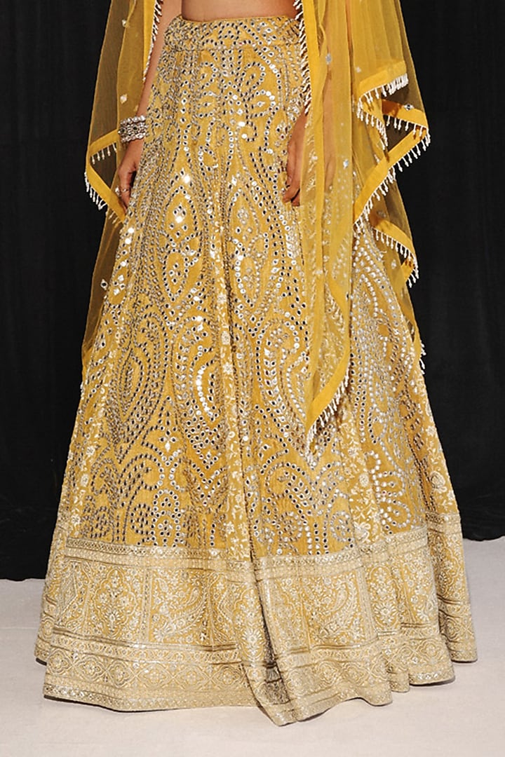 Golden Yellow Georgette Chikankari Embroidered Jacket Wedding Lehenga Set by Twenty Nine at Pernia's Pop Up Shop