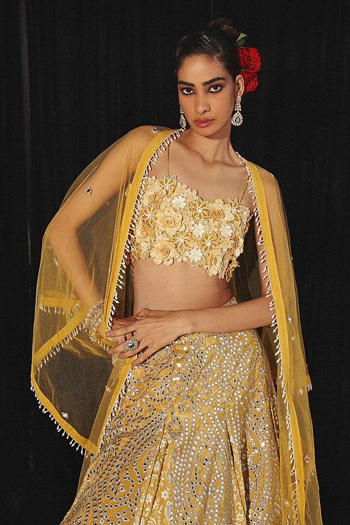 Golden Yellow Georgette Chikankari Embroidered Jacket Wedding Lehenga Set by Twenty Nine at Pernia's Pop Up Shop