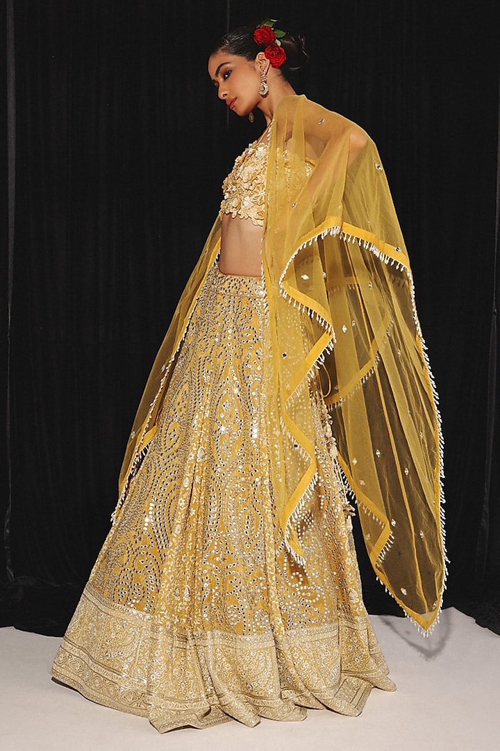 Golden Yellow Georgette Chikankari Embroidered Jacket Wedding Lehenga Set by Twenty Nine at Pernia's Pop Up Shop