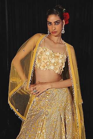 Golden Yellow Chanderi 3D Floral Embroidered Blouse by Twenty Nine