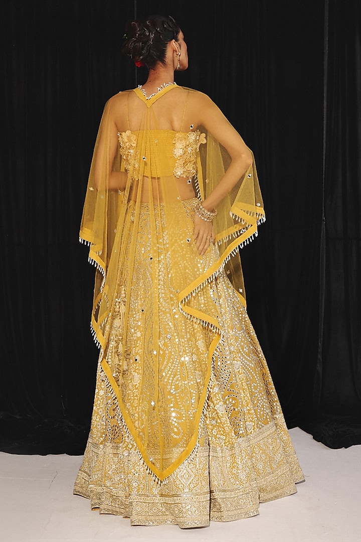 Golden Yellow Tulle Mirror Embellished Cape by Twenty Nine at Pernia's Pop Up Shop