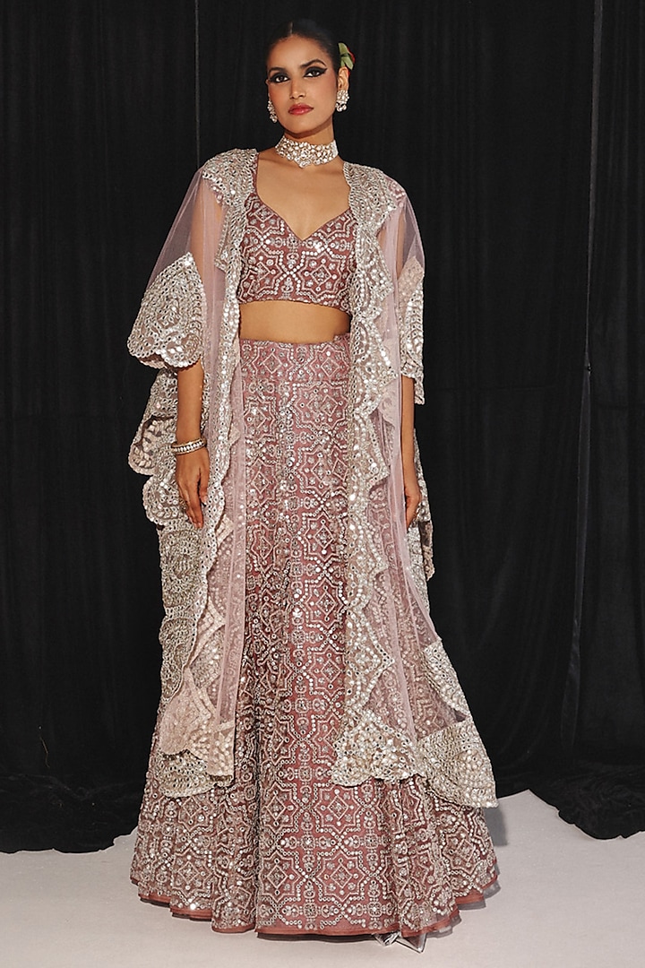 Wine Tulle Mirror & Bead Work Jacket Wedding Lehenga Set by Twenty Nine at Pernia's Pop Up Shop