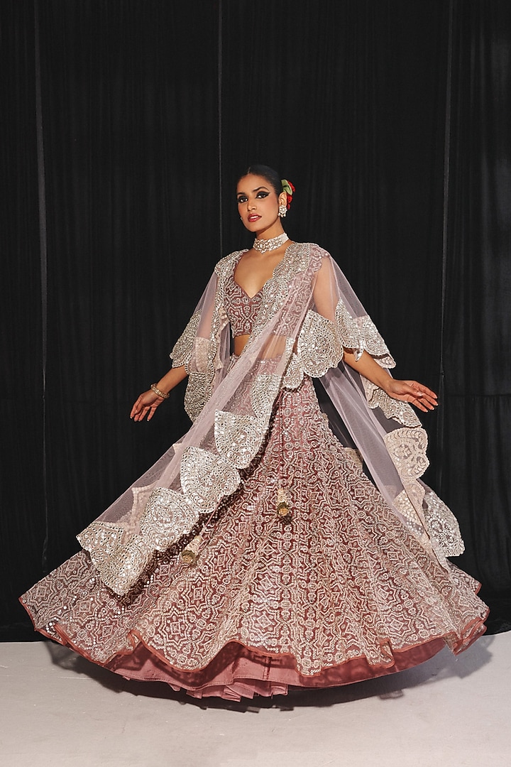Wine Tulle Mirror & Bead Work Jacket Wedding Lehenga Set by Twenty Nine at Pernia's Pop Up Shop