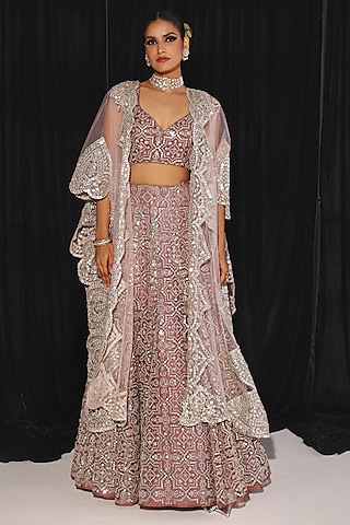 Wine Tulle Mirror & Bead Work Lehenga by Twenty Nine