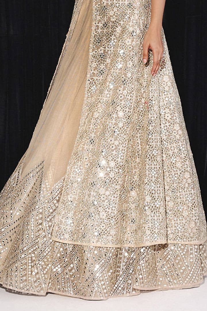 Golden Net Mirror & Applique Embellished Wedding Lehenga by Twenty Nine at Pernia's Pop Up Shop