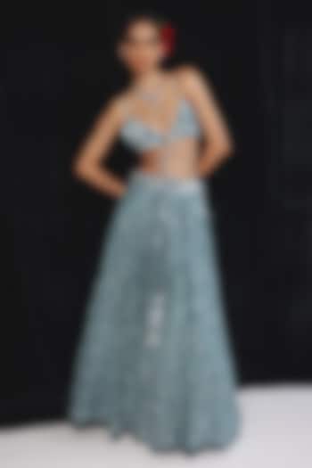 Steel Blue Net Mirror Hand Embellished Kalidar Wedding Lehenga Set by Twenty Nine at Pernia's Pop Up Shop
