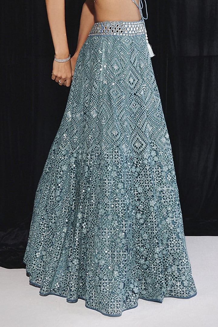 Steel Blue Net Mirror Hand Embellished Wedding Lehenga by Twenty Nine at Pernia's Pop Up Shop