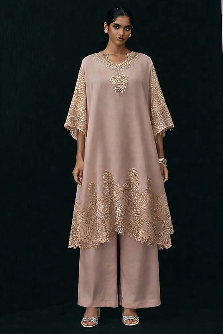Blush Pink Tissue Mirror Work Kaftan by Twenty Nine at Pernia's Pop Up Shop