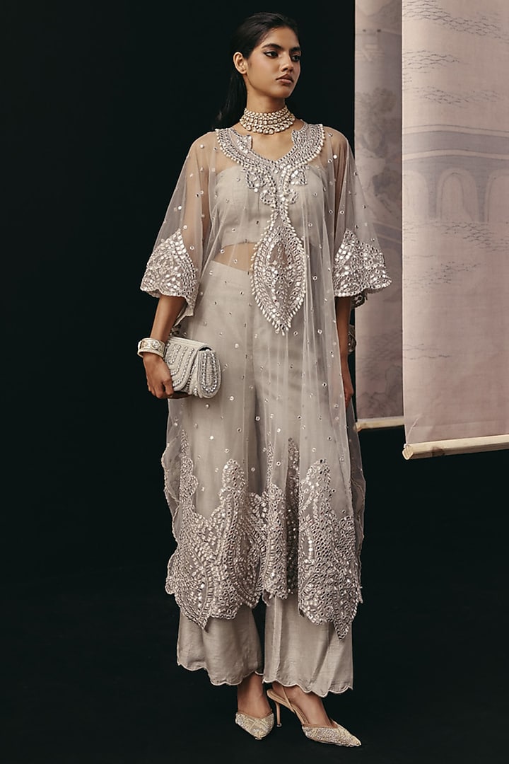 Silver & Grey Tulle Mirror Work Kaftan by Twenty Nine at Pernia's Pop Up Shop