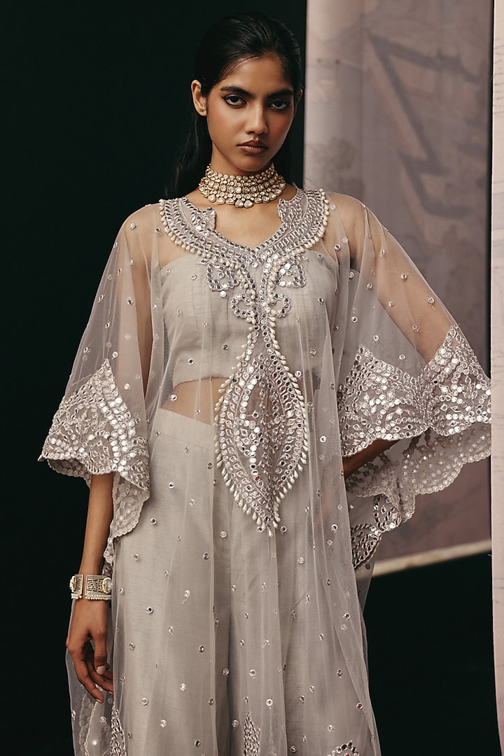 Silver & Grey Tulle Mirror Work Kaftan by Twenty Nine at Pernia's Pop Up Shop