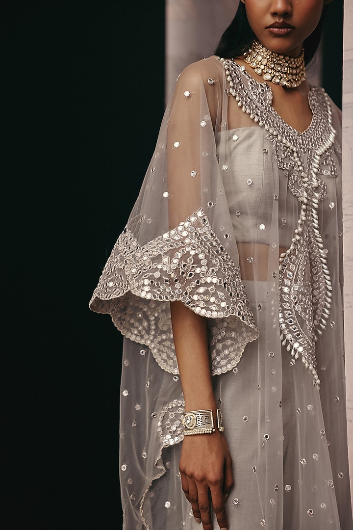 Silver & Grey Tulle Mirror Work Kaftan by Twenty Nine at Pernia's Pop Up Shop