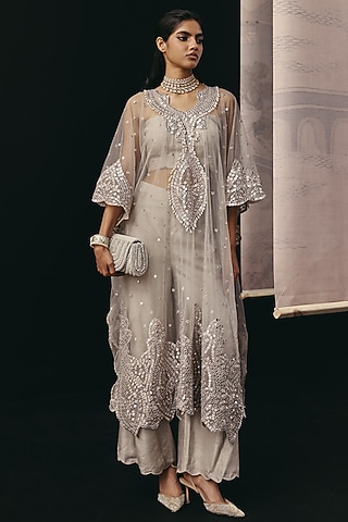 Silver & Grey Dola Silk Palazzo Pants by Twenty Nine
