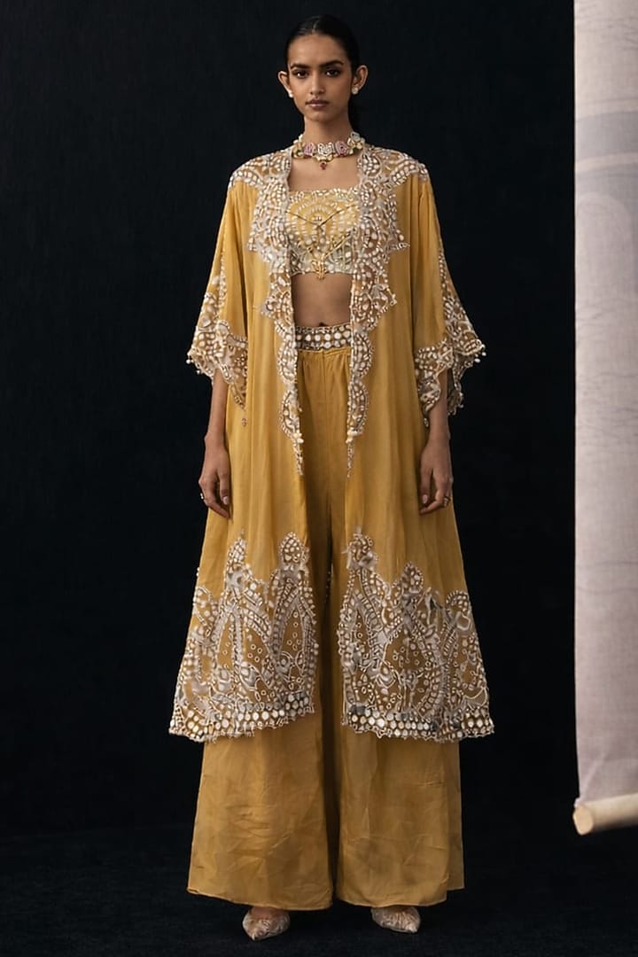 Deep Gold Tissue Zari & Mirror Work Cape by Twenty Nine at Pernia's Pop Up Shop