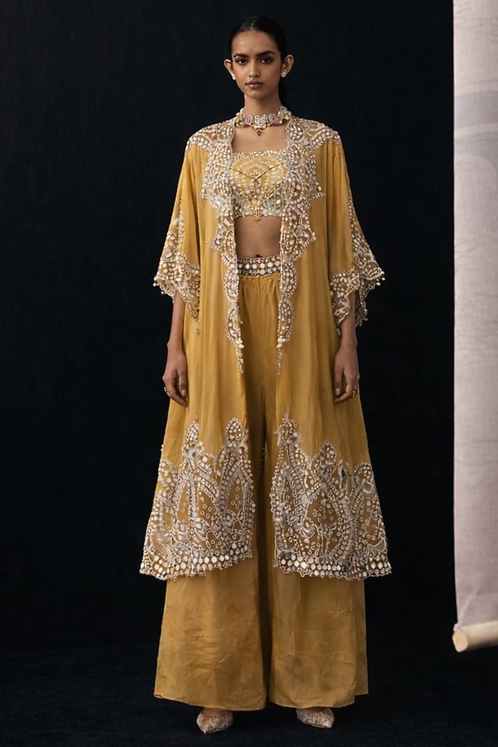 Deep Gold Tissue Mirror Embellished Palazzo Pants by Twenty Nine at Pernia's Pop Up Shop
