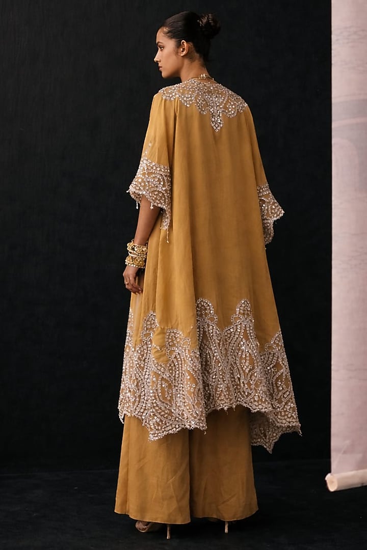 Deep Gold Tissue Mirror Embellished Palazzo Pants by Twenty Nine at Pernia's Pop Up Shop