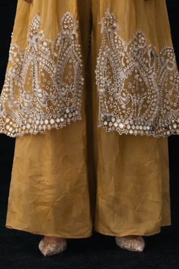 Deep Gold Tissue Mirror Embellished Palazzo Pants by Twenty Nine at Pernia's Pop Up Shop