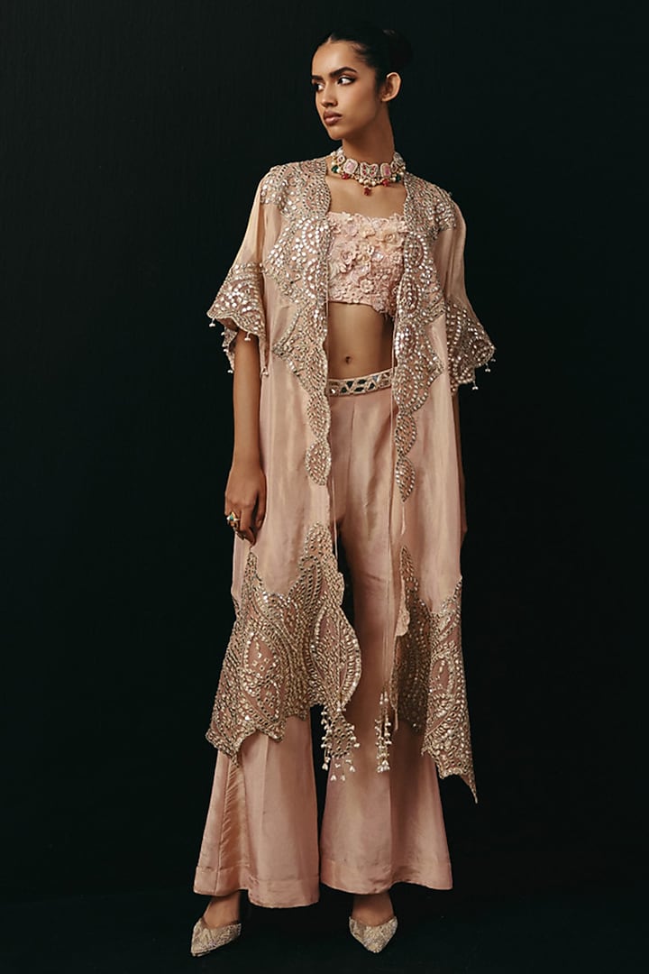 Blush Pink Tissue Zari & Mirror Work Cape by Twenty Nine at Pernia's Pop Up Shop