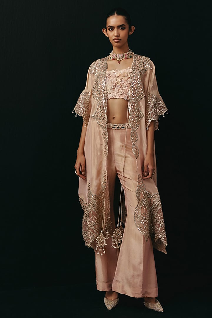 Blush Pink Tissue Mirror Embellished Palazzo Pants by Twenty Nine at Pernia's Pop Up Shop