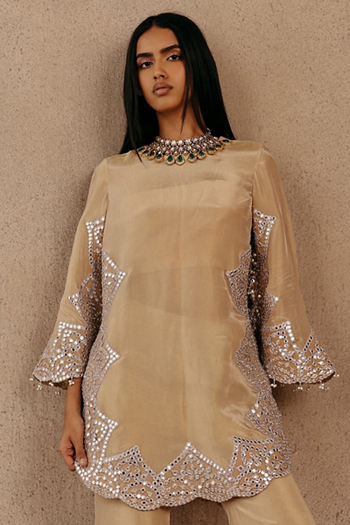 Golden Tissue Applique & Zari Work Kurta by Twenty Nine at Pernia's Pop Up Shop