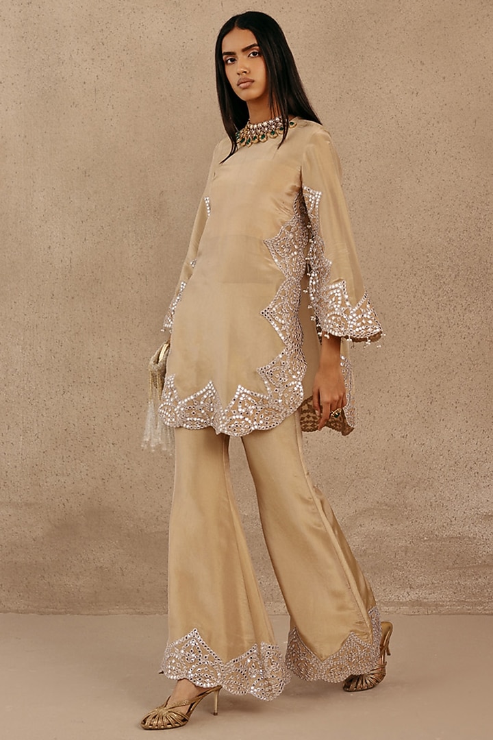 Golden Tissue Applique Work Bell-Bottom Pants by Twenty Nine at Pernia's Pop Up Shop