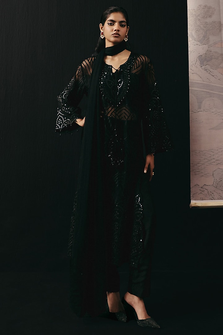 Black Tulle Applique & Mirror Work Kurta by Twenty Nine at Pernia's Pop Up Shop