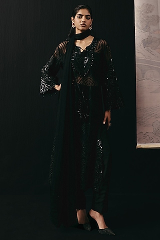 Black Tulle Applique & Mirror Work Kurta by Twenty Nine