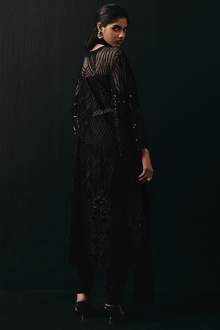 Black Tulle Applique & Mirror Work Kurta by Twenty Nine at Pernia's Pop Up Shop