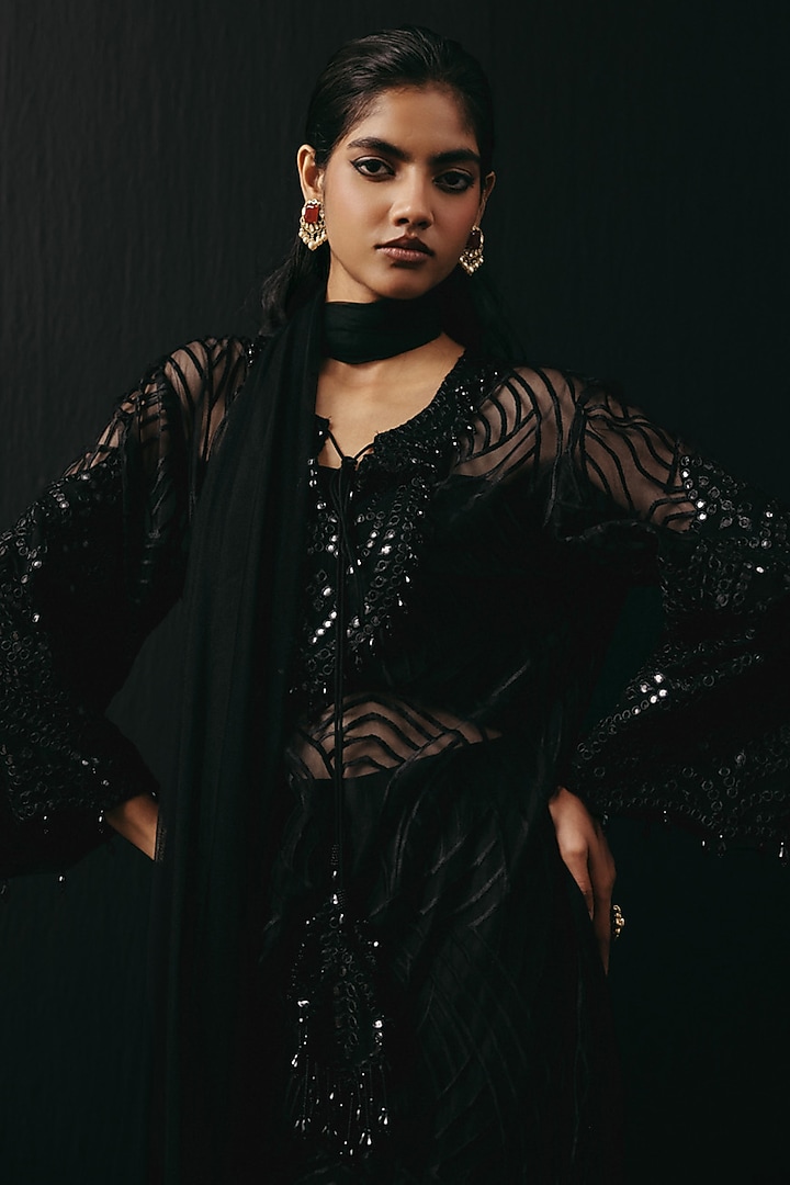 Black Tulle Applique & Mirror Work Kurta by Twenty Nine at Pernia's Pop Up Shop