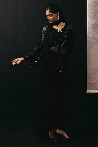 Black Tulle Mirror Work Dupatta by Twenty Nine