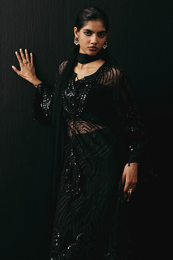 Black Tulle Mirror Work Dupatta by Twenty Nine at Pernia's Pop Up Shop