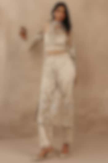 Beige Tulle Applique & Mirror Work Kurta by Twenty Nine at Pernia's Pop Up Shop