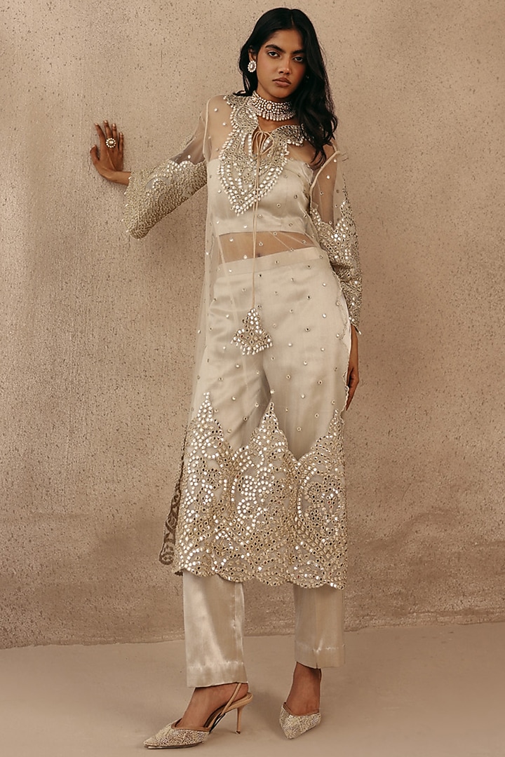 Beige Tulle Applique & Mirror Work Kurta by Twenty Nine at Pernia's Pop Up Shop
