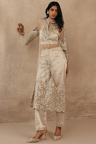 Beige Tulle Applique & Mirror Work Kurta by Twenty Nine