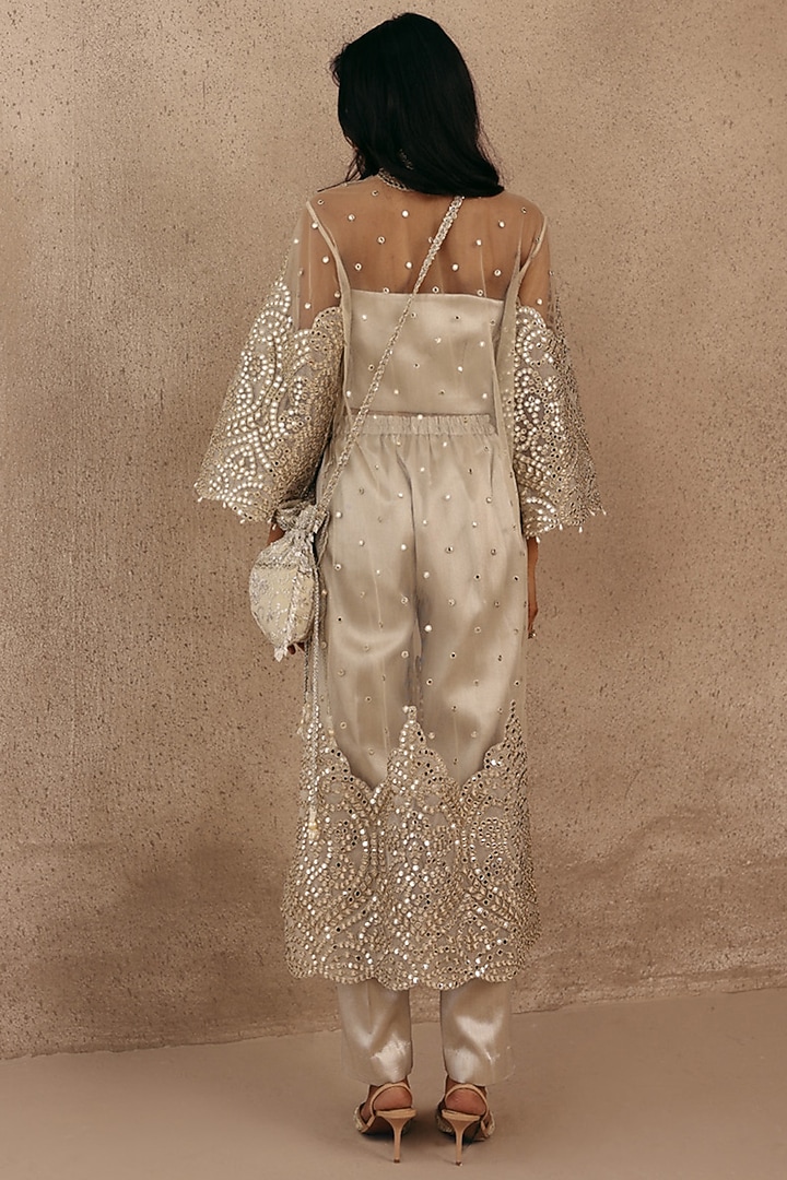 Beige Tulle Applique & Mirror Work Kurta by Twenty Nine at Pernia's Pop Up Shop