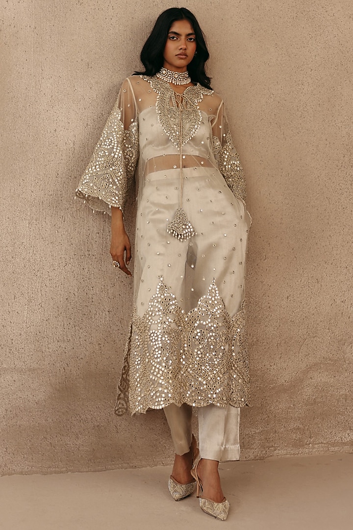 Beige Tulle Applique & Mirror Work Kurta by Twenty Nine at Pernia's Pop Up Shop
