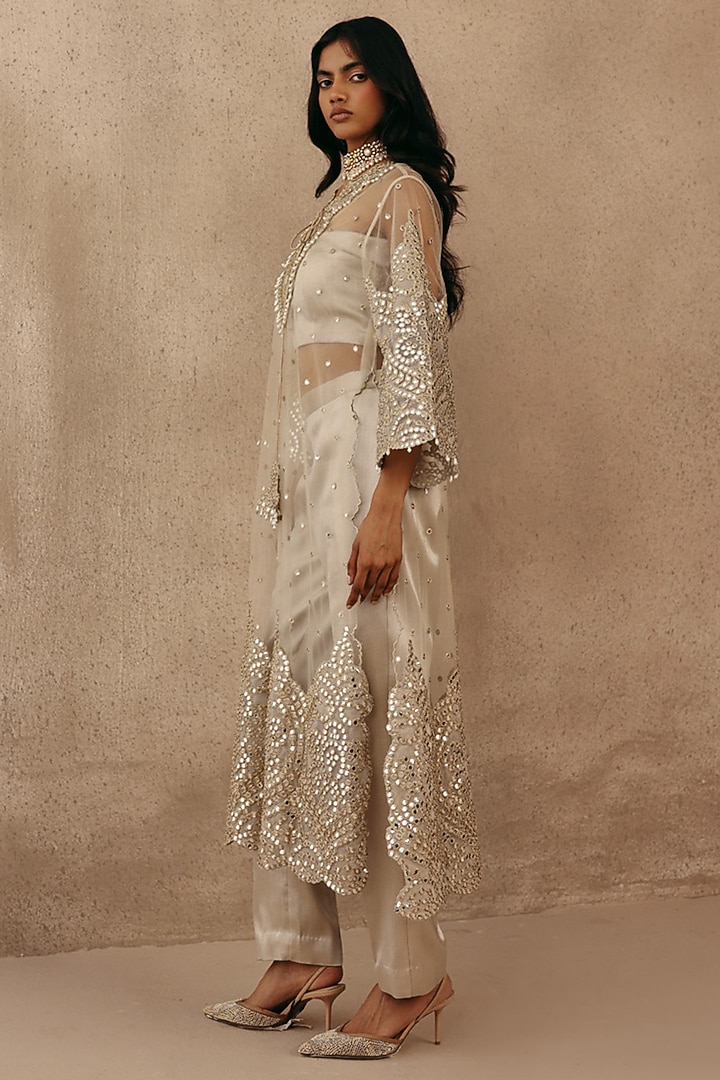 Beige Tulle Applique & Mirror Work Kurta by Twenty Nine at Pernia's Pop Up Shop