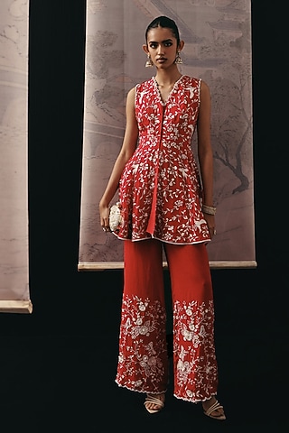Red Crepe Silk Bead Embellished Peplum Top by Twenty Nine