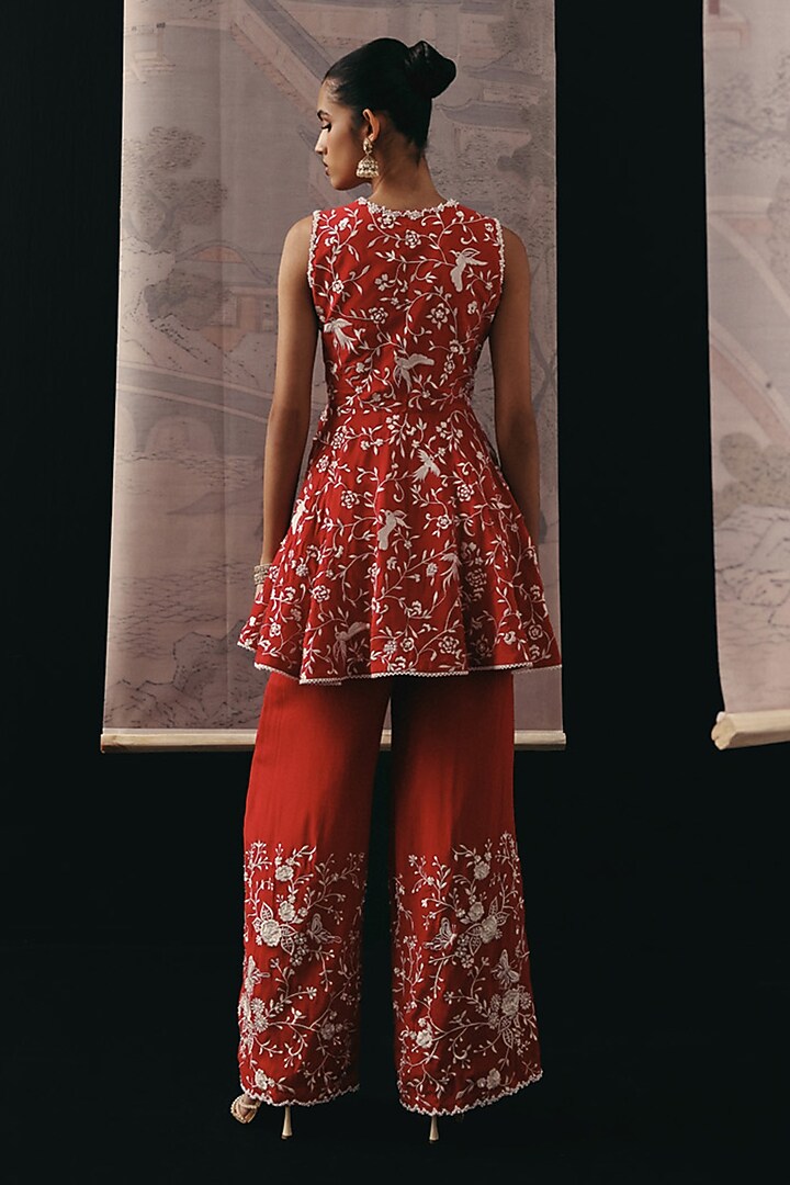 Red Crepe Silk Bead Embellished Peplum Top by Twenty Nine at Pernia's Pop Up Shop