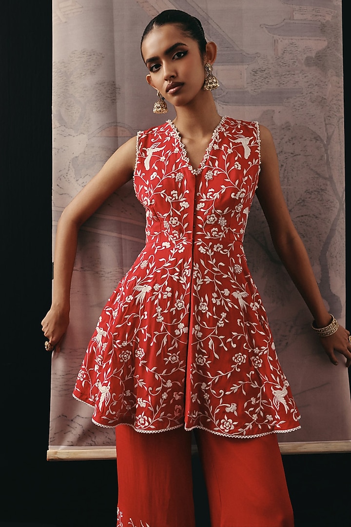 Red Crepe Silk Bead Embellished Peplum Top by Twenty Nine at Pernia's Pop Up Shop