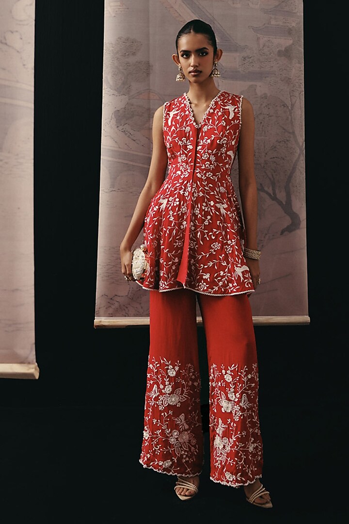 Red Crepe Silk Palazzo Pants by Twenty Nine at Pernia's Pop Up Shop