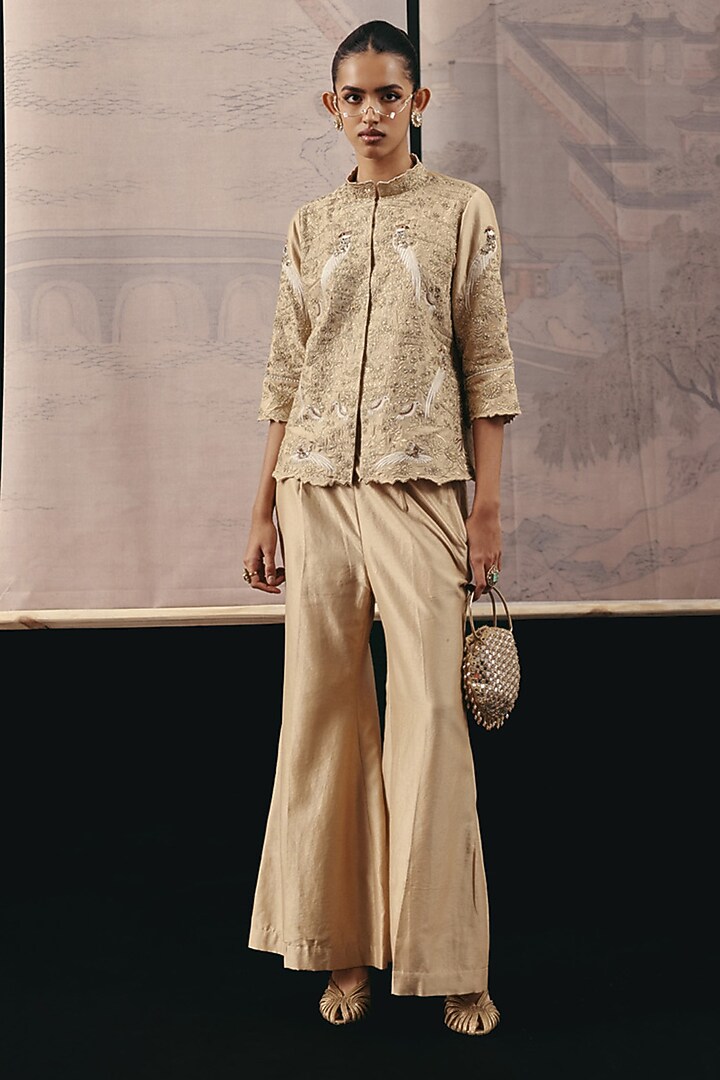 Golden Chanderi Silk Zari Embroidered Blazer by Twenty Nine at Pernia's Pop Up Shop