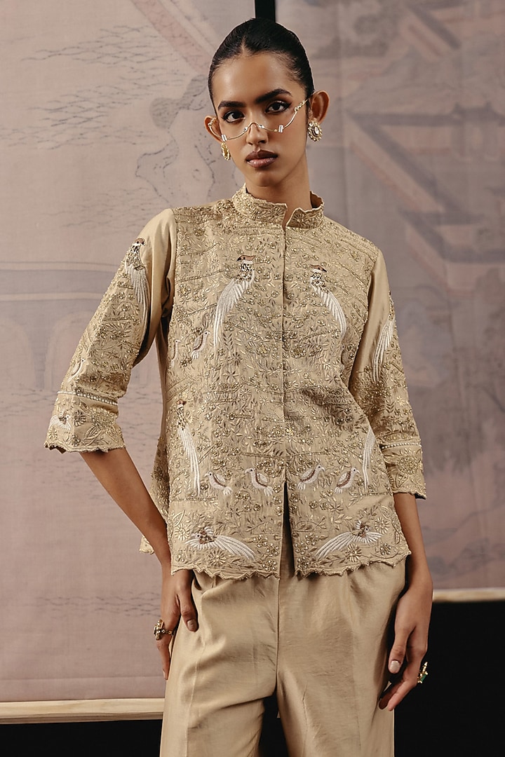 Golden Chanderi Silk Zari Embroidered Blazer by Twenty Nine at Pernia's Pop Up Shop