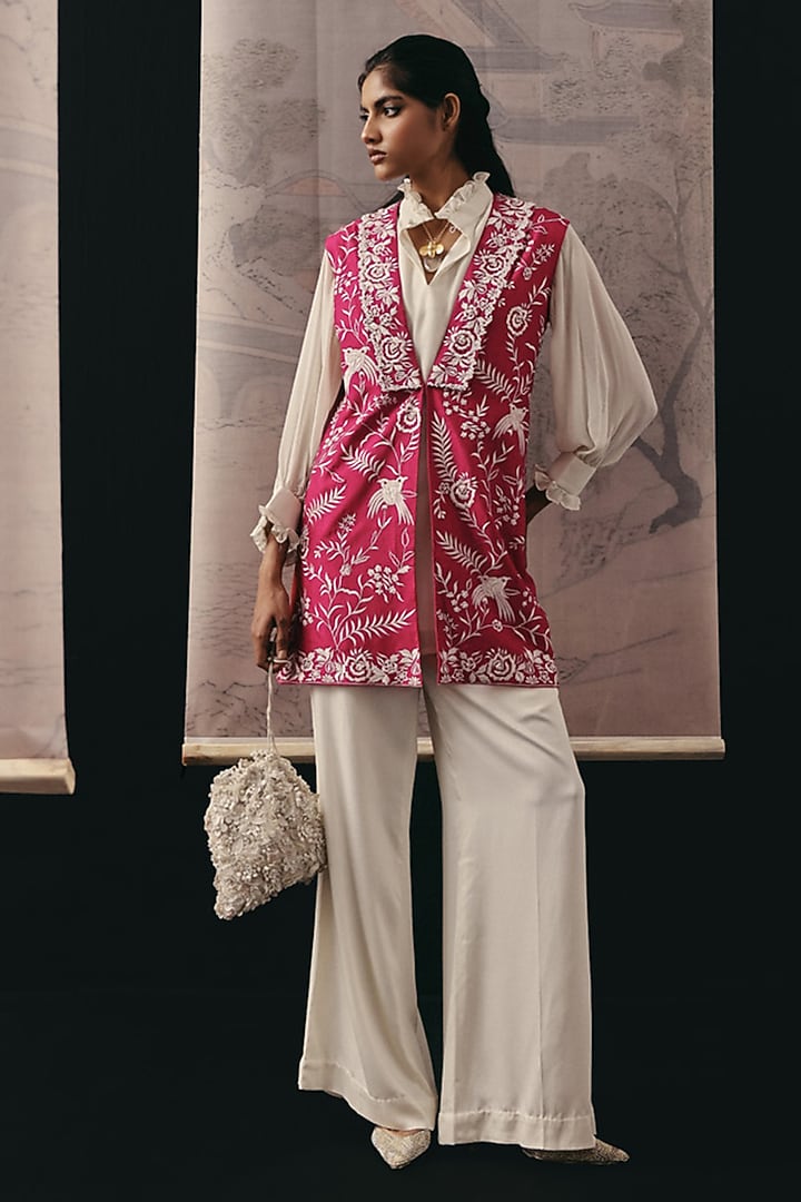 Rani Pink Crepe Silk Bead Embellished Long Gilet by Twenty Nine at Pernia's Pop Up Shop
