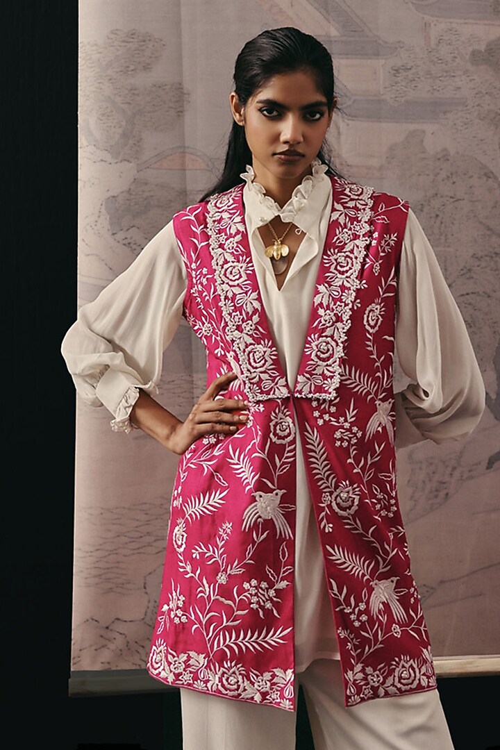 Rani Pink Crepe Silk Bead Embellished Long Gilet by Twenty Nine at Pernia's Pop Up Shop