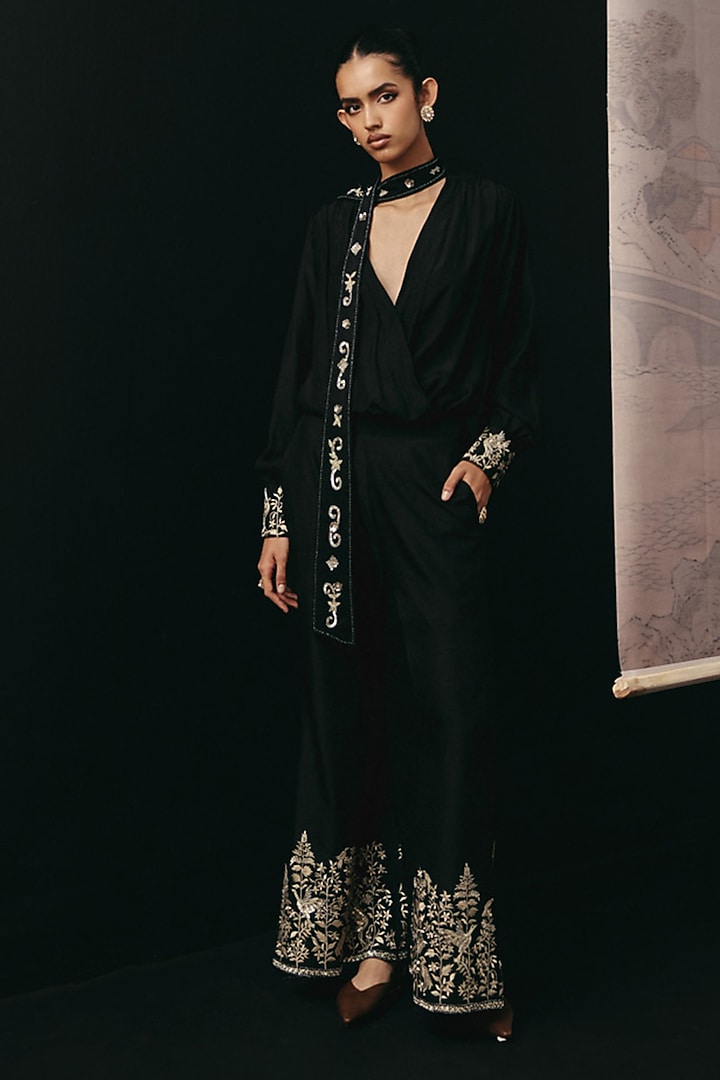 Black Dola Silk Sequin Work Bow-Tie Shirt by Twenty Nine at Pernia's Pop Up Shop