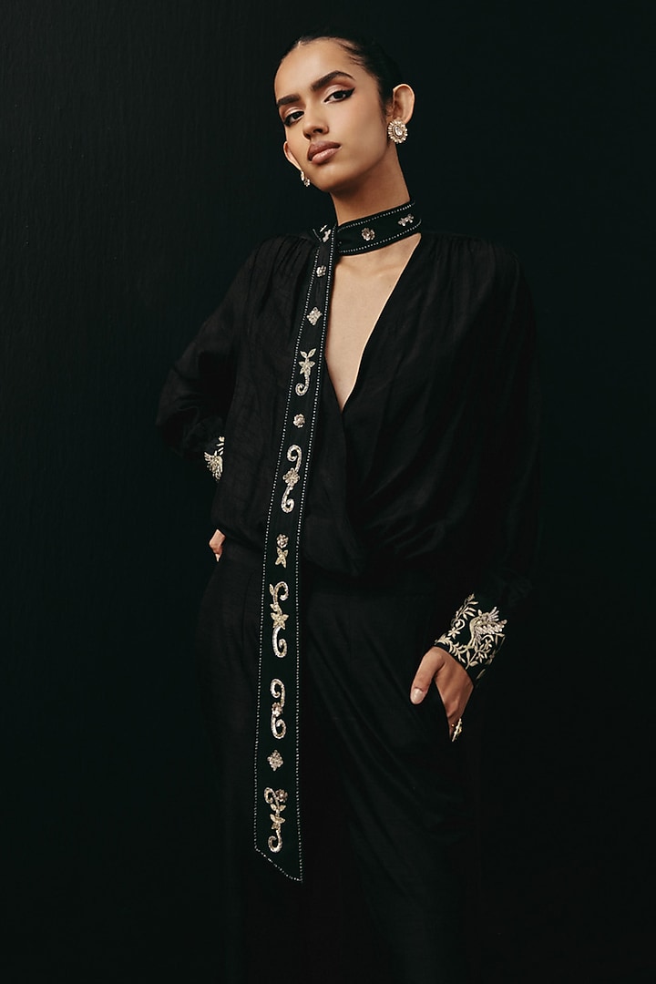 Black Dola Silk Sequin Work Bow-Tie Shirt by Twenty Nine at Pernia's Pop Up Shop